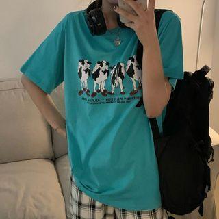 Cow Print Short-sleeve T-shirt / Plaid Straight-fit Pants