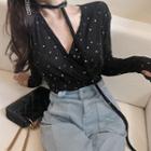 Long-sleeve Star Print V-neck Top Black - One Size