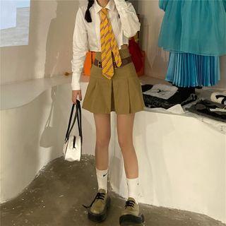 Long-sleeve Cropped Shirt With Necktie / Pleated Mini A-line Skirt With Belt