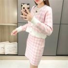 Set: Plaid Cardigan + Camisole Top + Mini Straight-cut Skirt