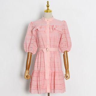Balloon-sleeve Eyelet Mini A-line Dress