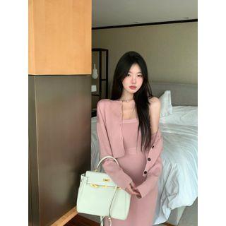 Plain Cardigan / Strappy Knit Midi Sheath Dress