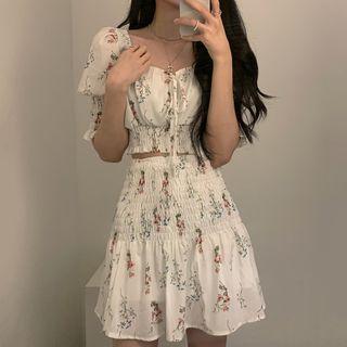 Set: Short-sleeve Floral Print Blouse + Mini A-line Skirt Set Of 2 - Floral - White - One Size
