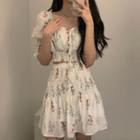 Set: Short-sleeve Floral Print Blouse + Mini A-line Skirt Set Of 2 - Floral - White - One Size