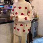 Mock Neck Heart Print Sweater As Shown In Figure - One Size