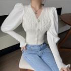 Puff-sleeve Knit Panel Button-up Blouse