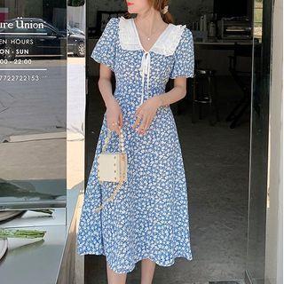 Puff Sleeve Peter Pan Collar Floral Print Chiffon Dress