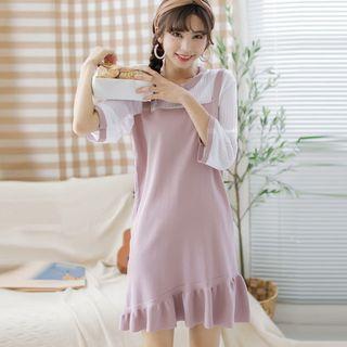 3/4 Sleeve Rib-knit Panel Ruffle Hem Dress