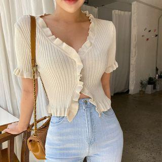 Ruffle Trim Short-sleeve Knit Top Almond - One Size