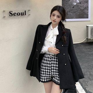 Plain Coat / Tie-neck Blouse / Houndstooth Wide-leg Shorts