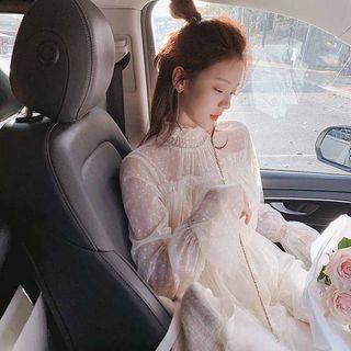 Mock Neck Long-sleeve Midi A-line Mesh Dress