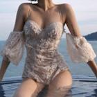 3/4-sleeve Cold-shoulder Lace Swimsuit