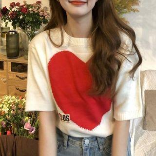 Short-sleeve Heart Print Sweater Red Love Heart - White - One Size