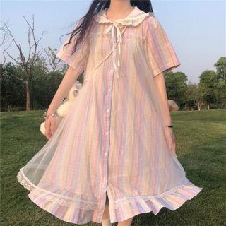 Short-sleeve Striped Midi Dress As Shown In Figure - One Size