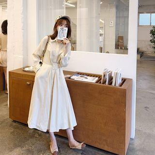 Collared Tie-waist Long-sleeve Midi A-line Dress