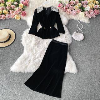 Set: Lace Collar Velvet Jacket + Skirt
