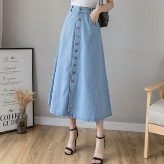 Button-up A-line Midi Denim Skirt