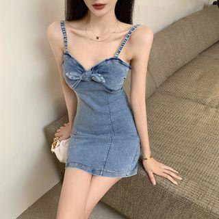 Spaghetti Strap Bow-front Denim Mini Dress
