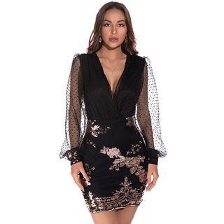 Puff-sleeve Sequined Floral Sheath Cocktail Dress