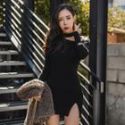 Cutout-shoulder Slit-hem Minidress Black - One Size