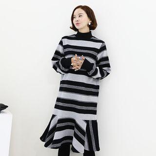 Turtle-neck Ruffle-hem Striped Dress Black - One Size