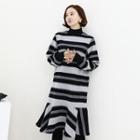 Turtle-neck Ruffle-hem Striped Dress Black - One Size
