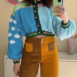 Puff-sleeve Color-block Cardigan