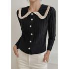 Contrast-frilled Wide-collar Cardigan