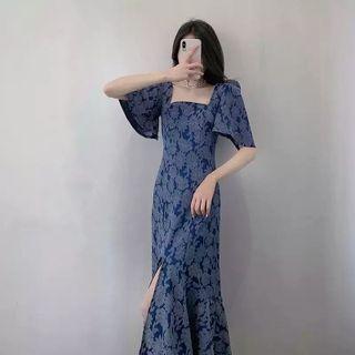 Puff-sleeve Floral Open Back Drawstring Dress