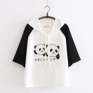 Panda Print Raglan Hooded Elbow-sleeve T-shirt White - One Size