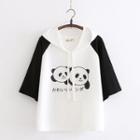 Panda Print Raglan Hooded Elbow-sleeve T-shirt White - One Size