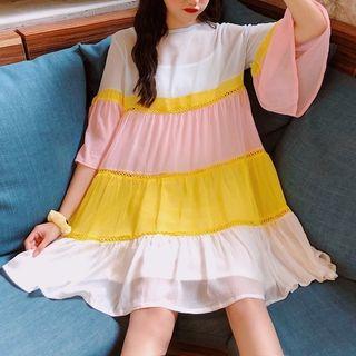 Set: 3/4-sleeve Color Block Chiffon Dress + Slipdress Rainbow & Vest - One Size