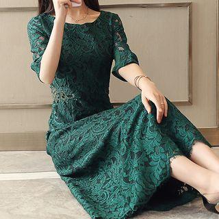 Elbow-sleeve A-line Lace Maxi Dress