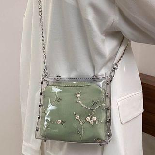 Set: Studded Pvc Crossbody Bag + Floral Embroidered Pouch