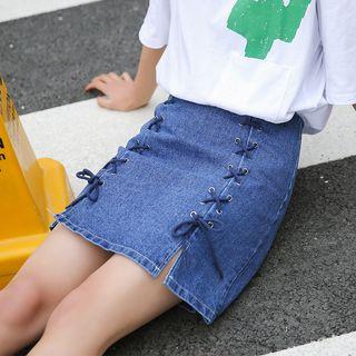 Lace-up Denim Pencil Skirt