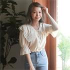 Laced Wide-collar Ruffle-sleeve Blouse