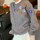Flower Embroidered Knit Sweater Gray - One Size