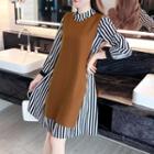 Set: Long-sleeve Midi Striped Dress + Knit Vest