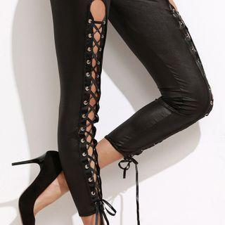 Lace Up Cropped Skinny Pants Black - One Size