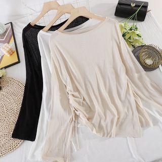 Round-neck Slit Drawstring Long-sleeve Knit Top
