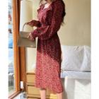 Square-neck Floral Print Dress Red - One Size