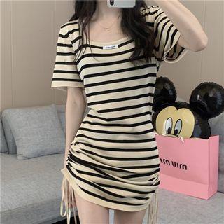 Short Sleeve Striped Drawstring Dress