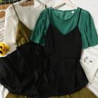 Set: Puff-sleeve Loose T-shirt + Tie-back Sleeveless Midi Dress