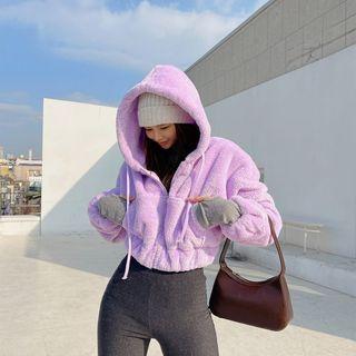 Vivid Faux-fur Cropped Zip-up Hoodie