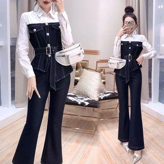 Set: Two-tone Shirt + Boot-cut Pants