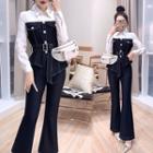 Set: Two-tone Shirt + Boot-cut Pants