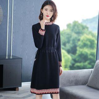 Long-sleeve Print Trim Knit Shift Dress