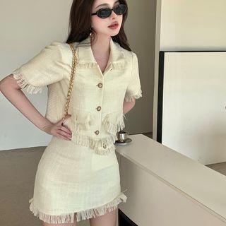 Fringed Trim Cropped Blouse / Mini Pencil Skirt
