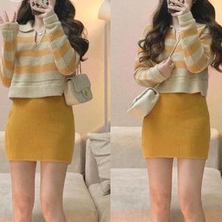 Striped Collared Sweater / A-line Skirt