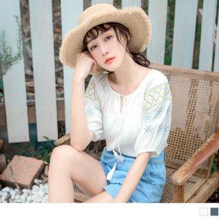 Tie-neck Tasseled Short-sleeve Embroidered Top
